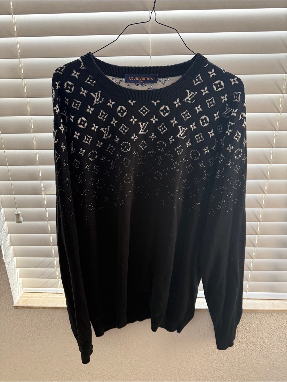 Louis Vuitton Black Crewneck Sweater with Ivory Monogram Pattern